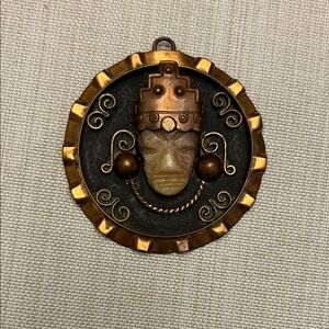 Vintage Mid Century Aztec Warrior Pendant Necklace: Copper & Brass Mexico